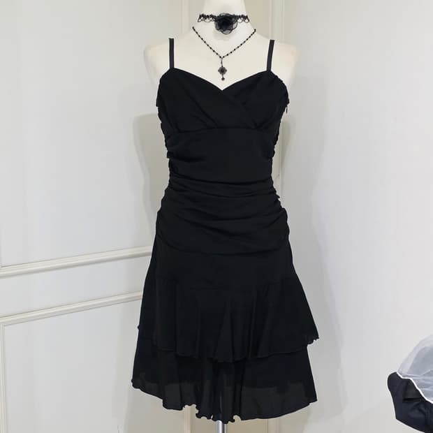 일본빈티지)고딕블랙오네갸루st y2k 셔링 캉캉 로맨틱 발레코어 원피스