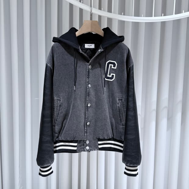 (S+ / L) / 셀린느 블랙 레더 데님 테디 후드 바시티 자켓