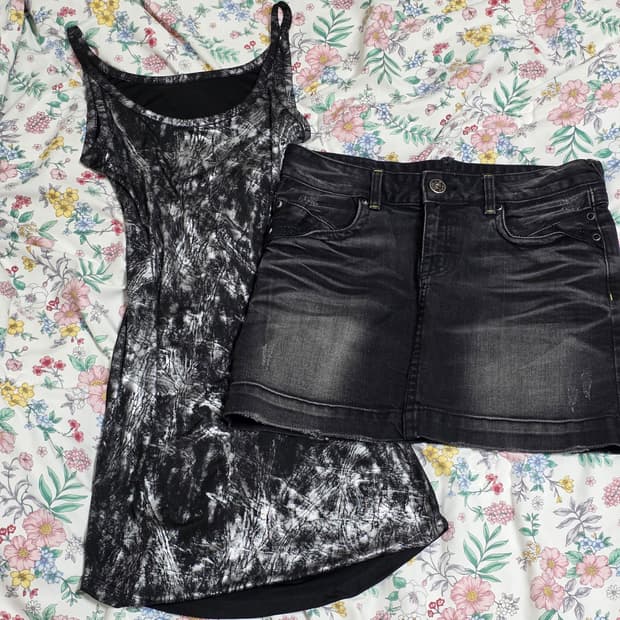 일본 아메리칸 빈티지)오네갸루 메탈데미지y2k블랙슬리브리스데님치마코디세트