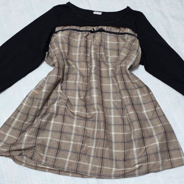 일본빈티지)블랙x브라운 체크 레이어드 플레어 레이스 로리타 로맨틱 원피스