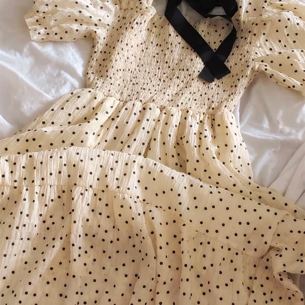 도트 퍼프 백리본 롱원피스