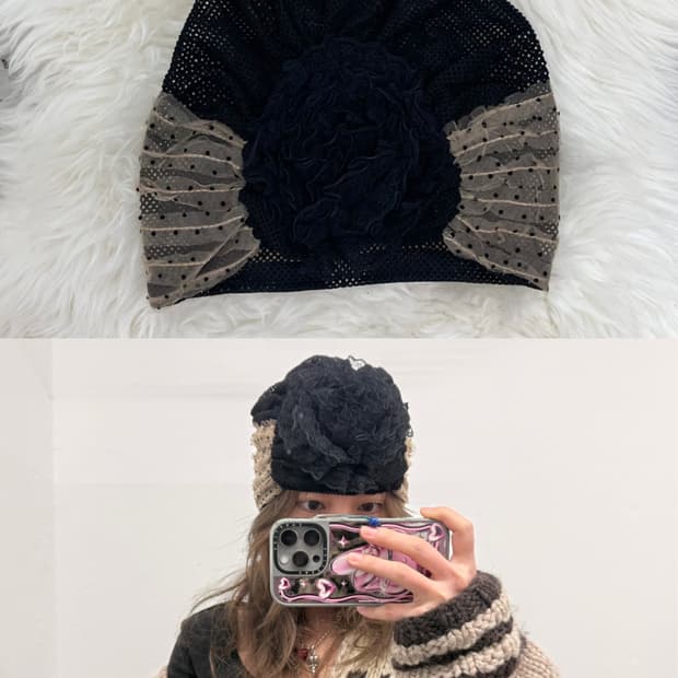 갸루 플라워 망사 도트 비니