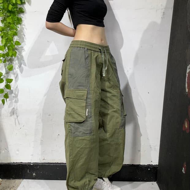 일본 빈티지 와이드 카키 카고 팬츠 L