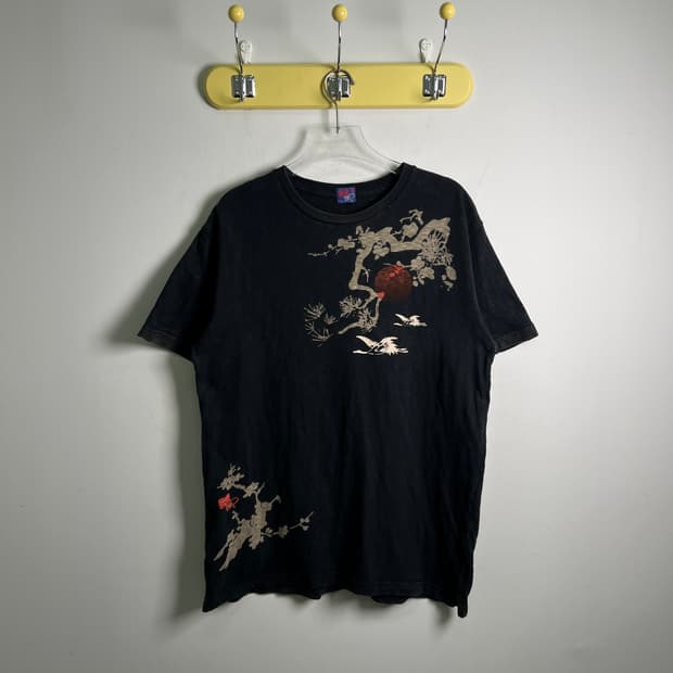 jpn vtg 빈티지 블랙 오리엔탈 프린팅 반팔 티셔츠 L
