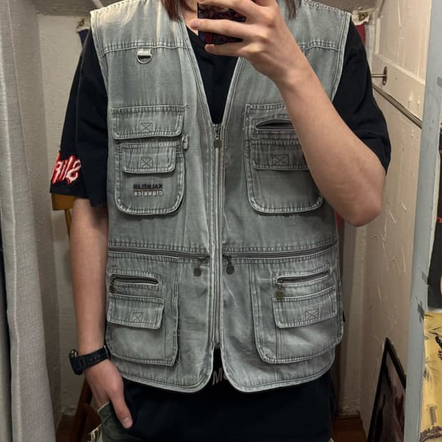 00s 빈티지 데님 피싱 베스트 연그레이