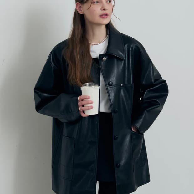 드로우핏 우먼 버튼 레더 하프 자켓 블랙 M 새상품