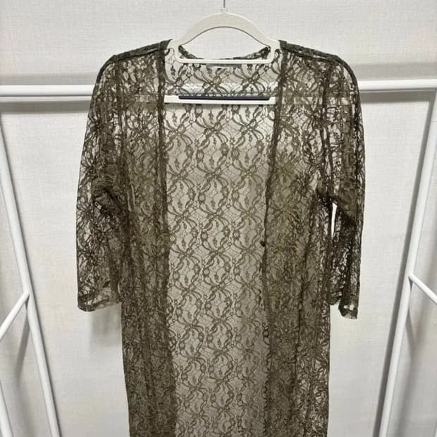 빈티지 카키 크로셰 5부 가디건