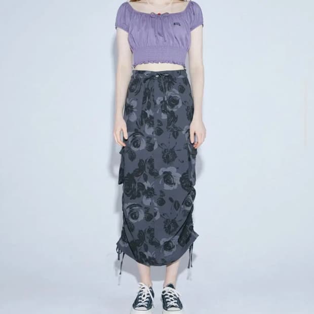 스컬프터 플라워 셔링 카고 롱스커트 Light Purple