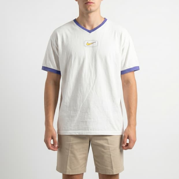 [XL] 90s 나이키 화이트 태그 미판 브이넥 링거 반팔 티셔츠