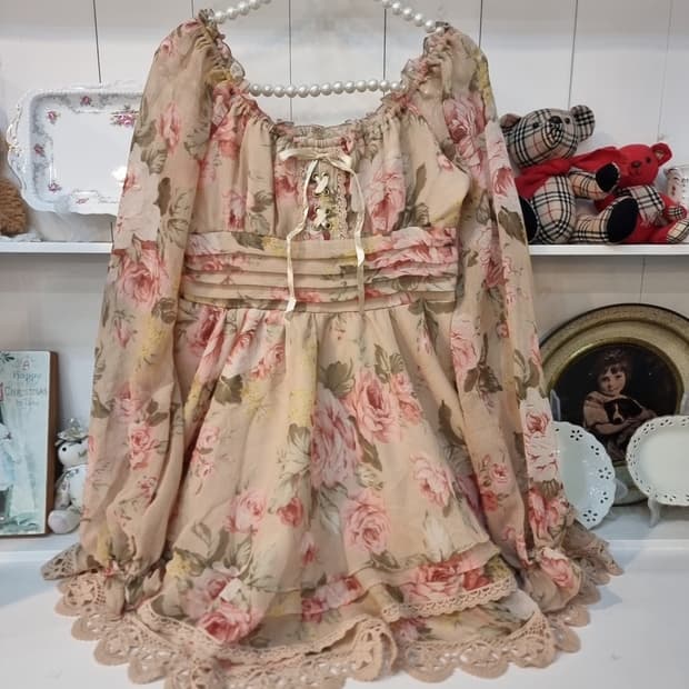 LIZ LISA 빈티지 로즈 오프숄더 쉬폰 원피스