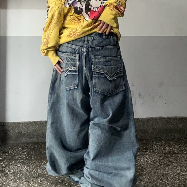90s 스크래치 워싱 데님 와이드팬츠