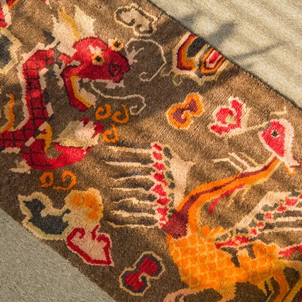 Antique Tibetan Dragon and Phoenix Rug