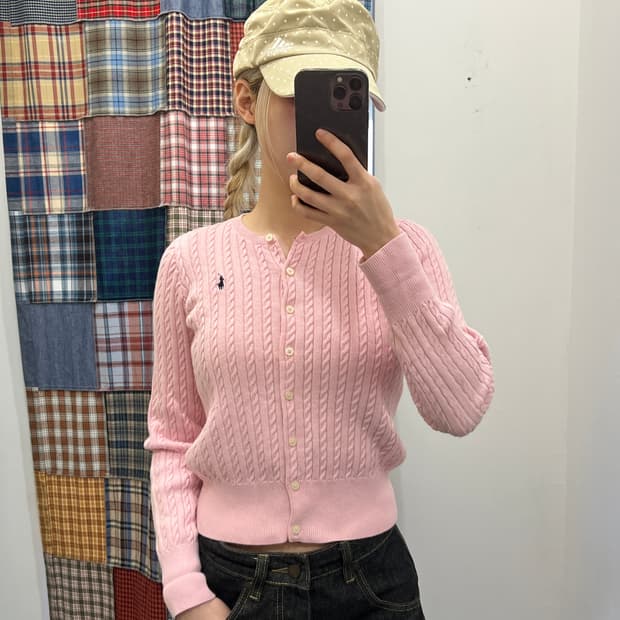 폴로 딸기우유 꽈배기 니트 카디건