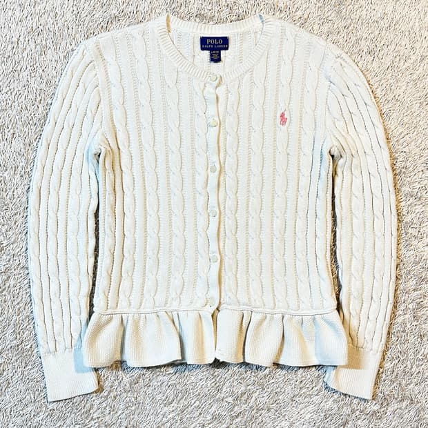 폴로 랄프로렌 걸즈 케이블 코튼 페플럼 가디건 아이보리