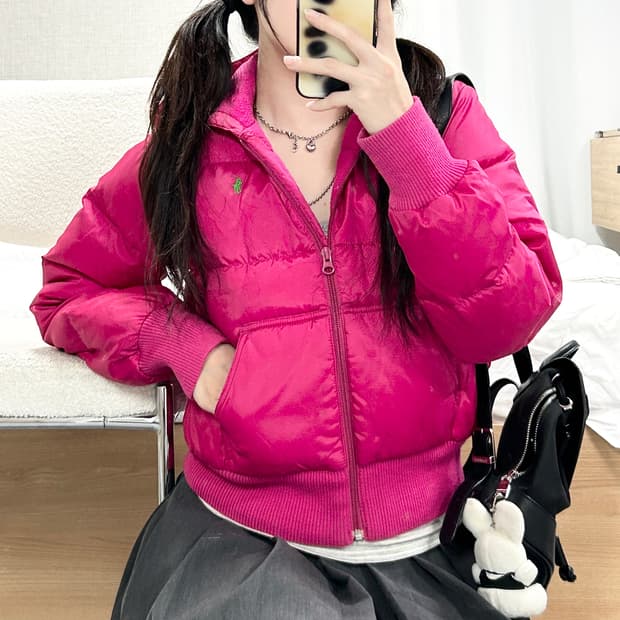 폴로 연두포니 핑크 숏패딩