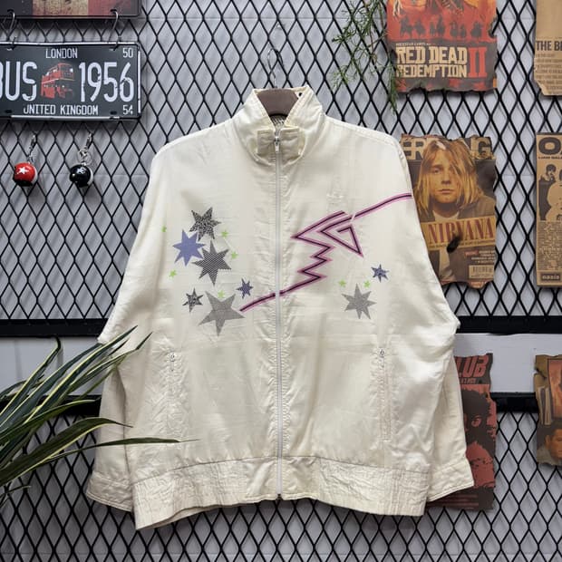 00s 아디다스 올드스쿨 바람막이 별 패턴 네온 컬러 포인트 화이트