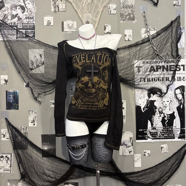 PUNK Glitter skull Stripe off-shoulder 