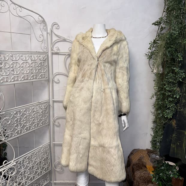 Ivory rabbit fur maxi hood coat