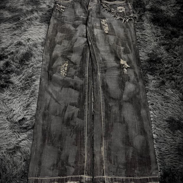 블랙 그런지 워싱 와이드 데님팬츠