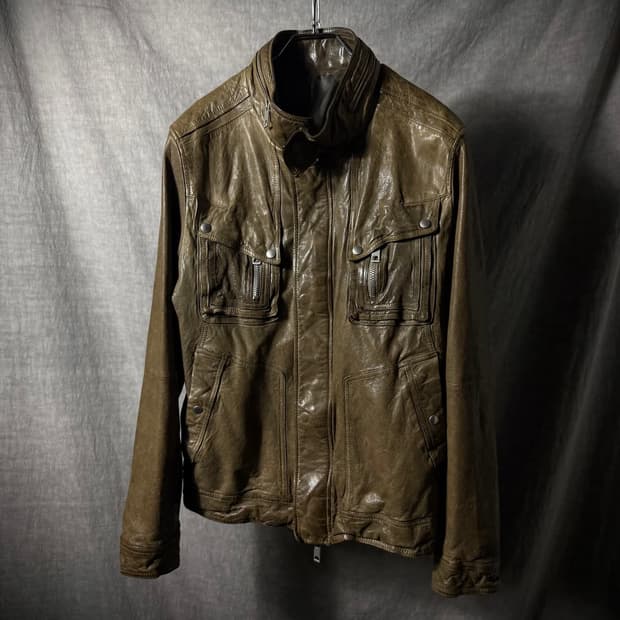 램스킨 하이넥 집업 레더 자켓