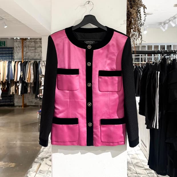 샤넬 부티크 핑크 블랙 벨벳 트리밍 트위드 자켓