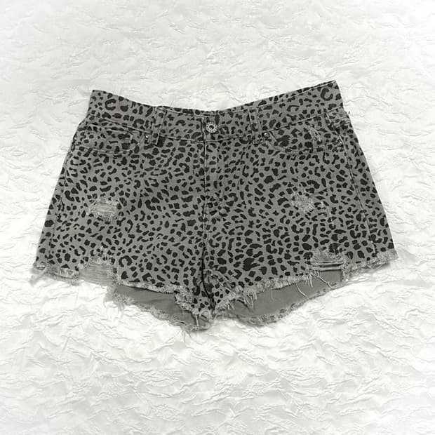 빈티지 갸루 펑크 레오파드 데미지 숏 팬츠 반바지