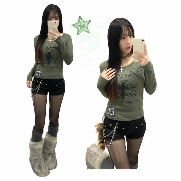 [IZIC] 카키 펑크 큐빅 롱슬리브