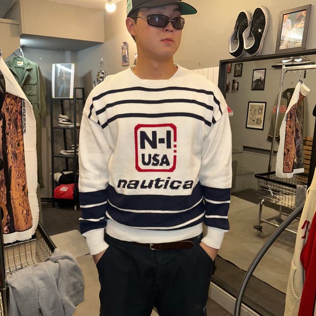 00’s Nautica box logo line detail knit