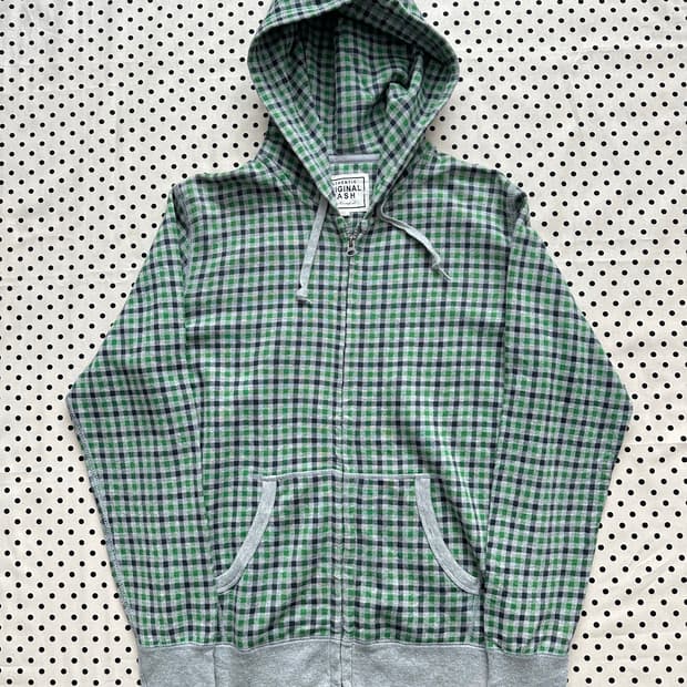 jpn 유니클로 체크 후드집업 그린