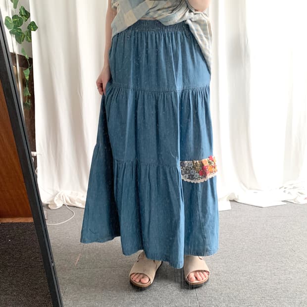 motive patch denim long skirt