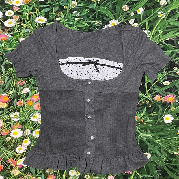 쉬인 공겜여주깔 러블리 블라우스 티셔츠 차콜