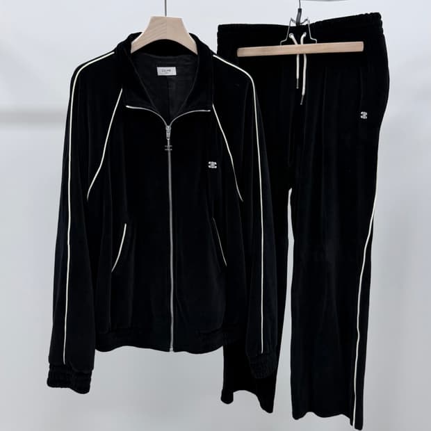 [2XL,M] 셀린느 트리오페 벨벳 트레이닝 집업 셋업 블랙