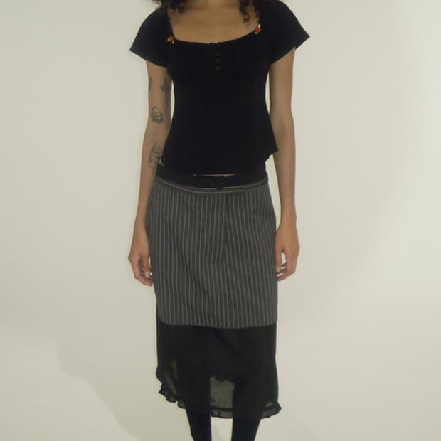 파르티멘토우먼 더블 웨이스트 레이어드 미디 스커트_스트라이프