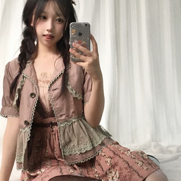 빈티지 인디핑크 플라워 원피스 레이스 자켓 코디세트