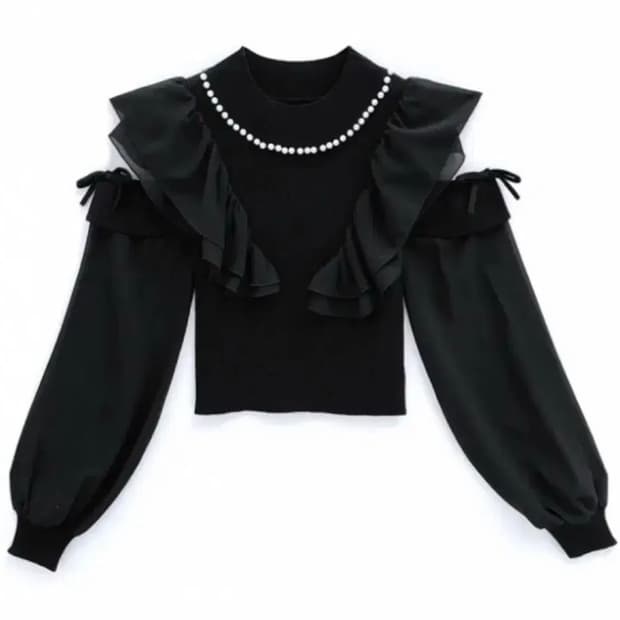 Grl 그레일 진주 어깨트임 오프숄더 프릴 블라우스 블랙 스나계
