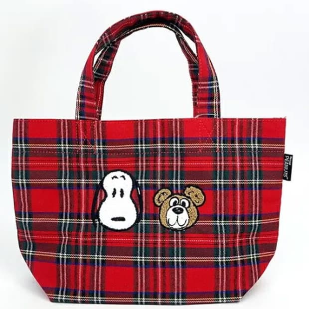 스누피&테디베어 체크 토트백