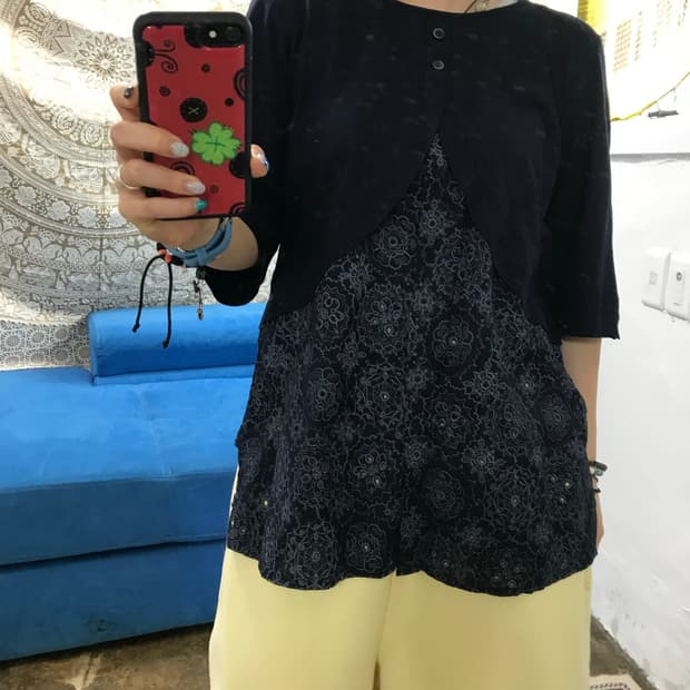 빈티지 여성 펀칭 디테일 반팔 티 (Z1462)