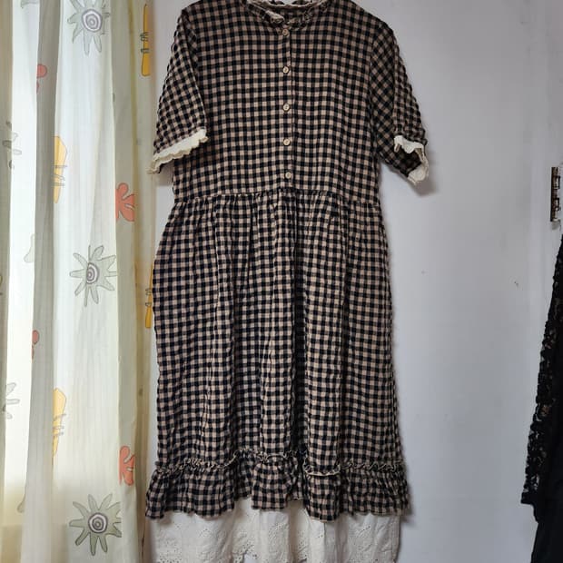 빈티지 체크 롱 원피스 레이스 F(~77)