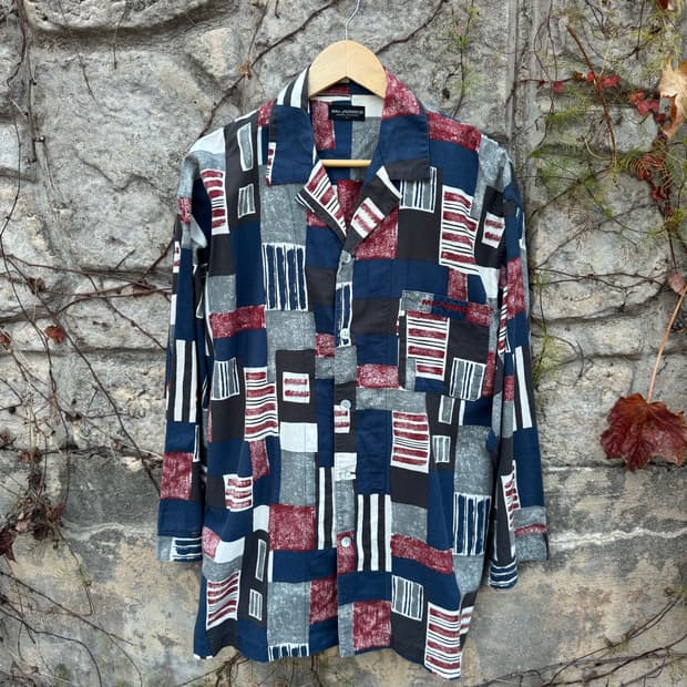 일본 빈티지 오픈 카라 에스닉 패턴 셔츠 L