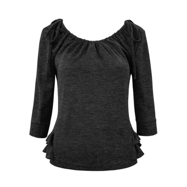 체메씨 셔링 미드 슬리브 프릴탑 챠콜