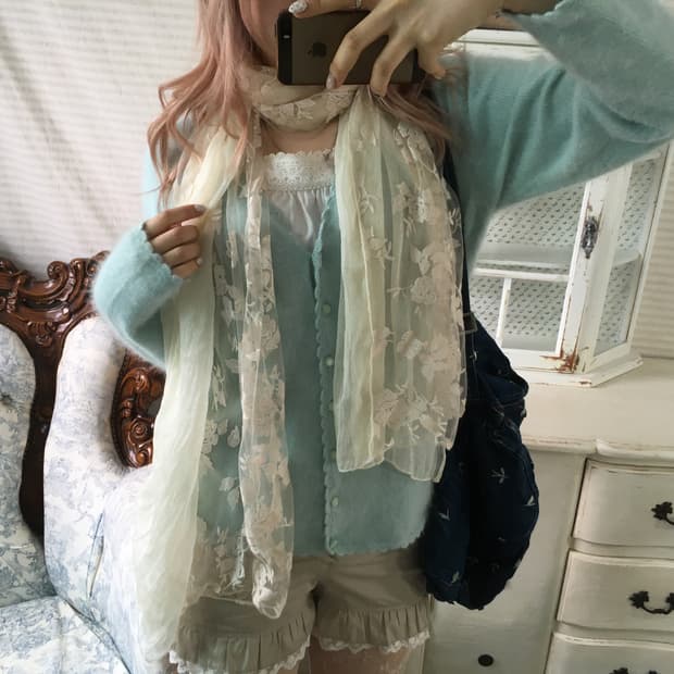 Set)민트 울 가디건 + 로즈 머플러 + 레이스 슬리브리스