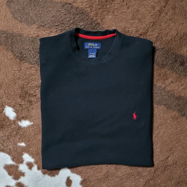 폴로 랄프로렌 남성용 블랙 와플 라운드 긴팔 티셔츠(XL)