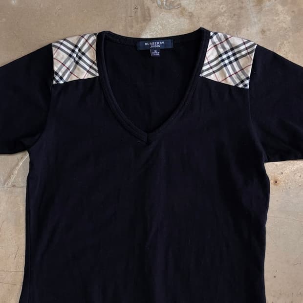 S 버버리 여성용 블랙 브이넥 반팔 티셔츠