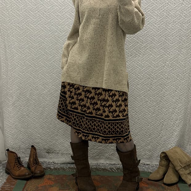 빈티지 에스닉 히피 패턴 시어 플레어 미디스커트 K0076