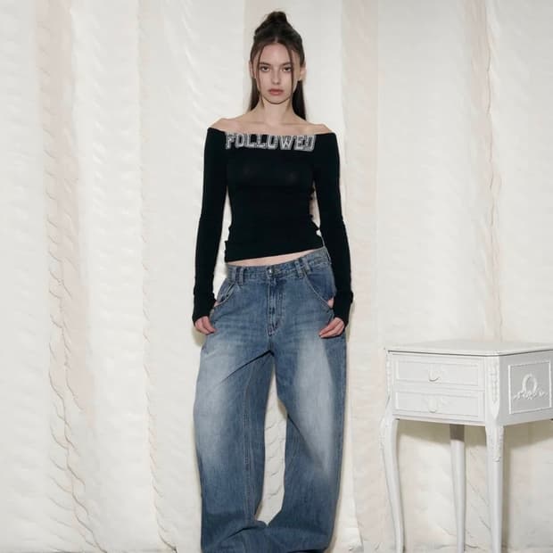 플리즈노팔로우 25Damaged Washing Wide Denim M