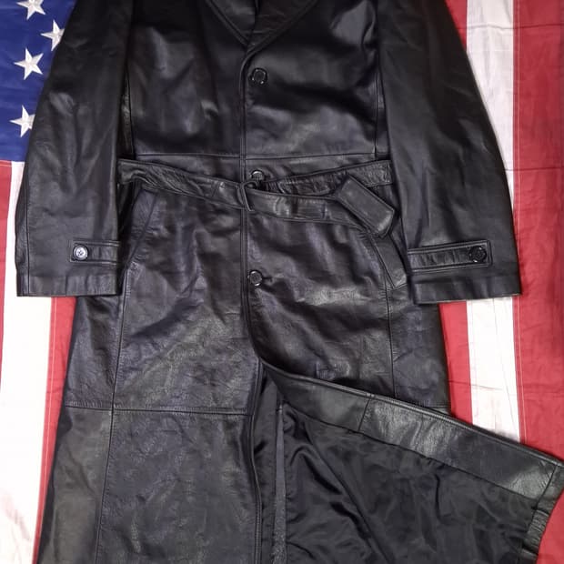 90's 새제품 국내산 리얼레더 싱글 바바리 트렌치코트