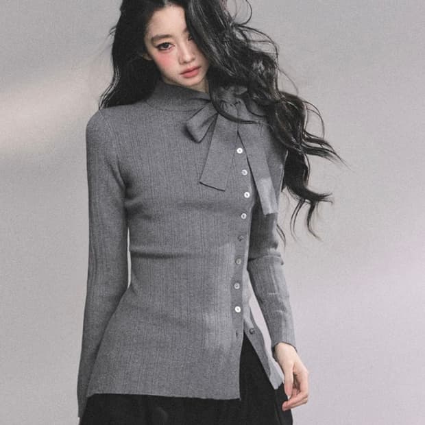 ShaoyeEye 니트 슬림핏 리본넥 스웨터