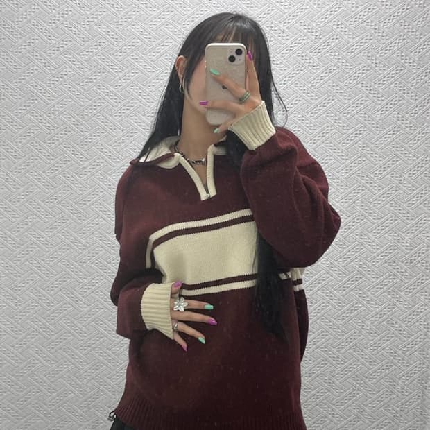 수아레 빈티지 레트로 배색 반집업 울 혼방 니트 M C07279