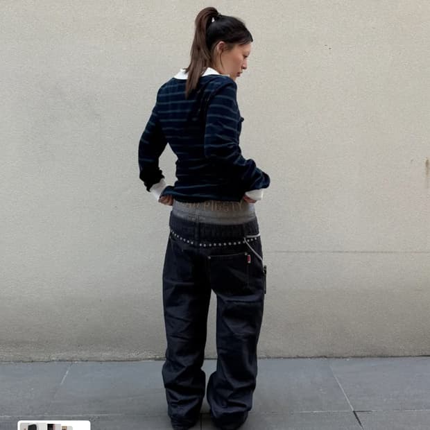 Beaded Layered Denim Pants Nonfade Gray