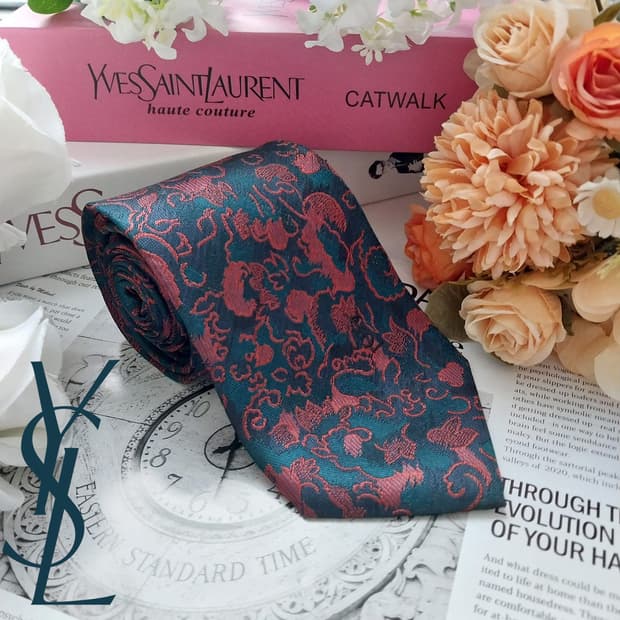 입생로랑 실크 청녹 오너먼트 넥타이 8.7cm A+등급 K1617
